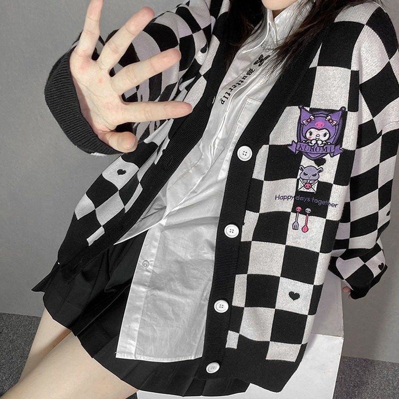 Deeptown Kawaii Plaid Cartoon Pink Sweater Cardigan Women Korean Style Harajuku Oversize Vneck Blue Jumper Female Cute Tops 220818