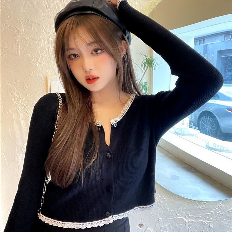 Black Cardigan Women Chic Vintage Fall Slim College Girls Cropped Knitwear All-match Ulzzang Simple Stylish Female Sweater Basic 220818
