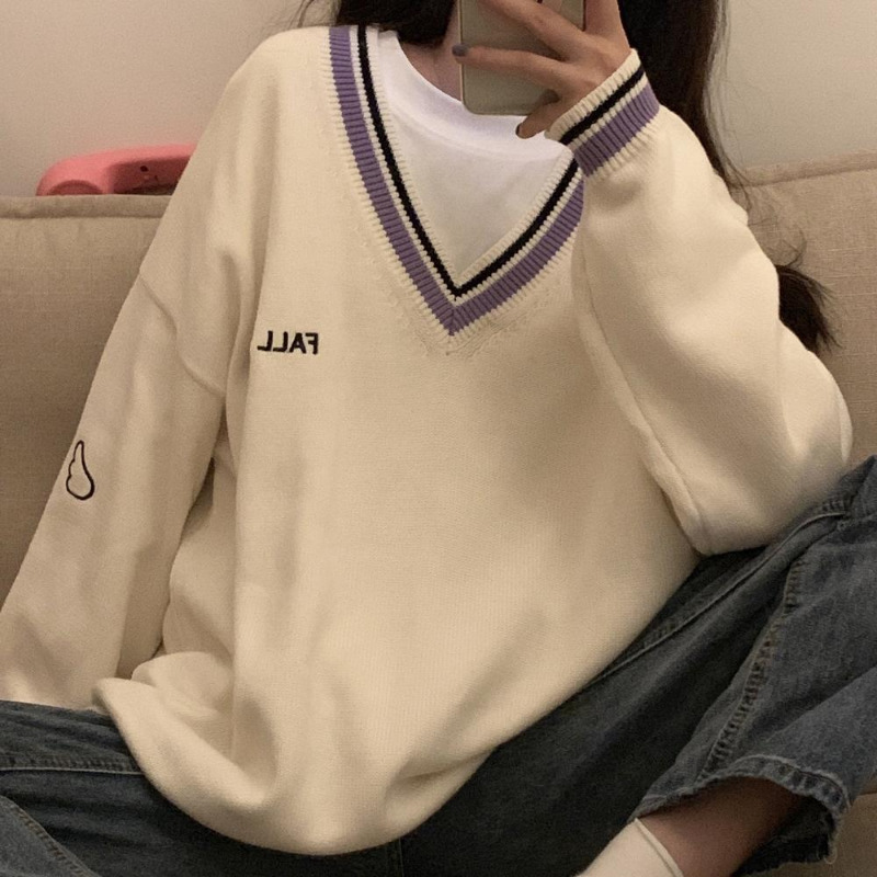 Sweaters Women Ulzzang Letter Chic Vintage V-neck Daily Oversize Girls Pullovers Student Fall Casual All-match Ins Women Sweater 220818