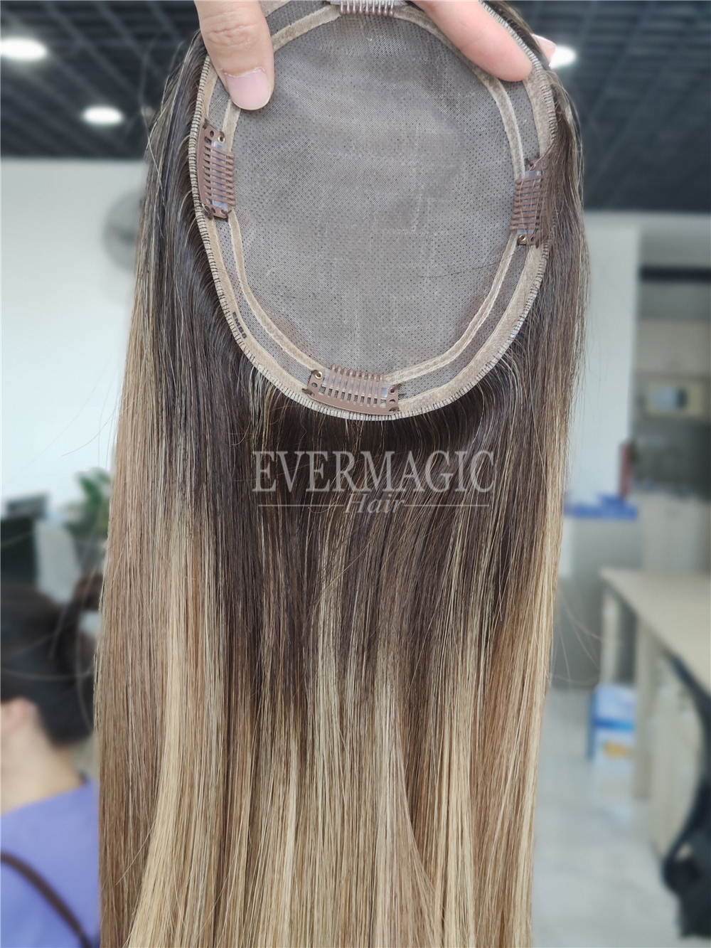 New Coming Stock Balayage Ombre Blonde Human Hair Toppers Mono With Around Base Clips In Pieces for Thinning Women