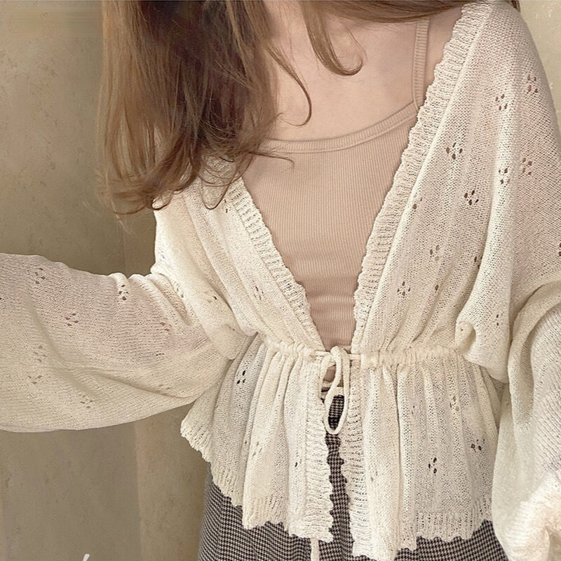 Cardigan Women Spring Loose Lace-up Sweet Girls Batwing Sleeve Vintage Korean Style Knitted Sweaters Sun-protection Female 220818