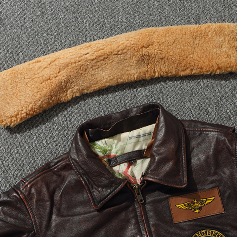 G1 Men s Thick Pilot Leather Jacket Vintage Brown Loose Coat Wool Collar Classical Military Bomber 100 Natural Cowhide 220818