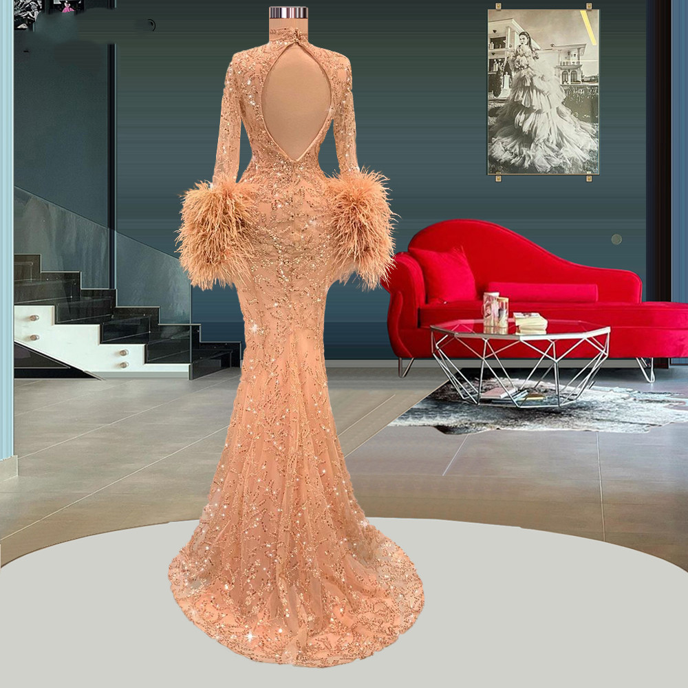 Champagne Mermaid Prom Dresses Long Sleeves High Neck Lace Hollow Feather Appliques Sequins Shiny Floor Length Evening Gowns Plus Size Custom Made Tai