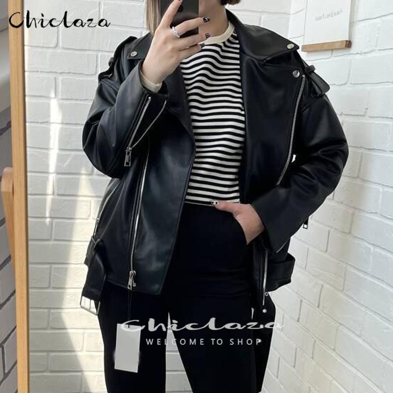 CHICLAZA Women Spring Fashion Black Faux Leather Jacket Ladies Casual Zipper Biker Coat Female Autumn Loose Couple Outwear 220818