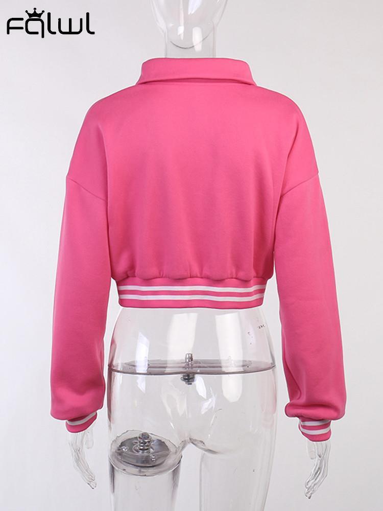 FQLWL Pink Baseball Fashion Fall Jackets For Women Pocket Button Purple Crop Top Coats Gray Varsity Bomber Jacket 220818