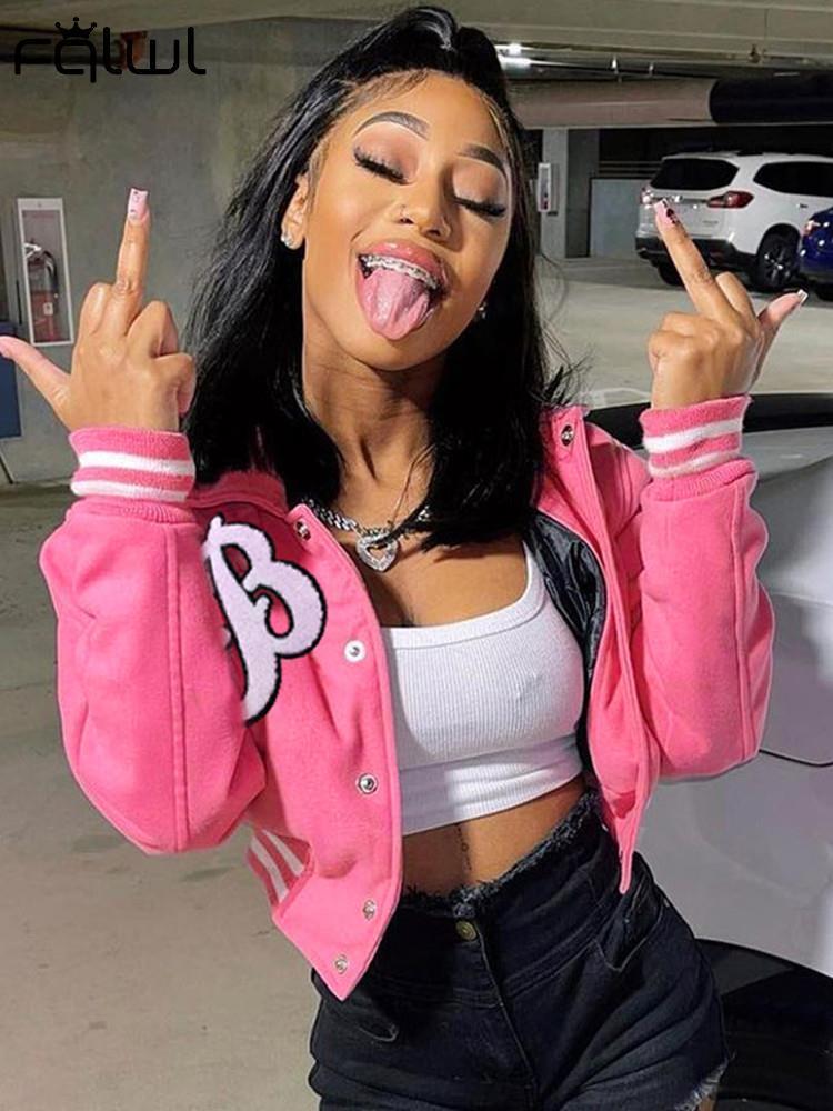 FQLWL Pink Baseball Fashion Fall Jackets For Women Pocket Button Purple Crop Top Coats Gray Varsity Bomber Jacket 220818