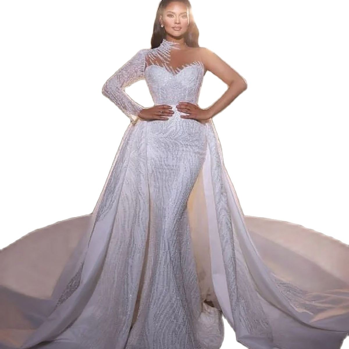 Saudi Arabia Sparkly Sequins Mermaid Wedding Dress Long Sleeve High Neck Bridal Gowns Beads Bride robes de