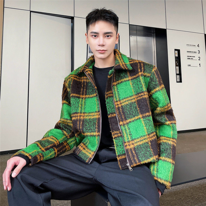 IEFB men's autumn winter Woolen Plaid short jacket vintage fashion Lapel zipped coat long sleeve colorblocked clothing