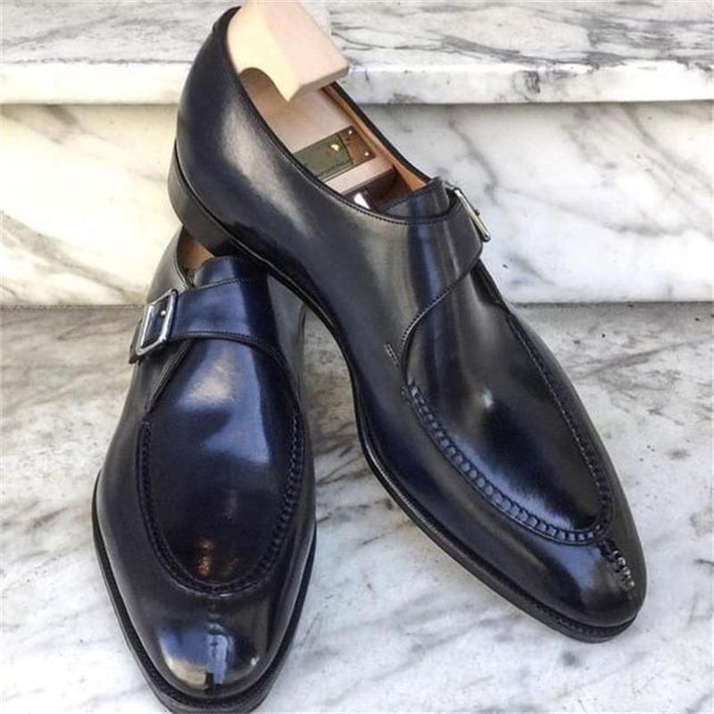 Men British Monk Shoes Solid Color PU Square Head Stitching Classic Single Buckle Fashion Business Casual Daily Dress Shoes