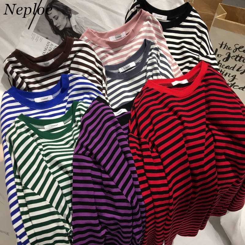 Neploe Autumn Striped Sweaters Medium-long Causal Pullovers Thin O-neck Top Korean Streetwear Women Clothes 220818