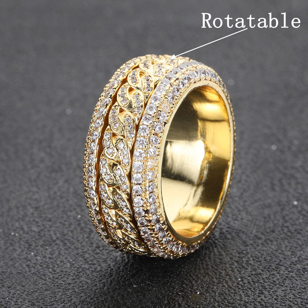 Bling Zircon Rotating Ring with Side Stones Rotatable Hip Hop Men's Cuban Circle Finger Jewelry