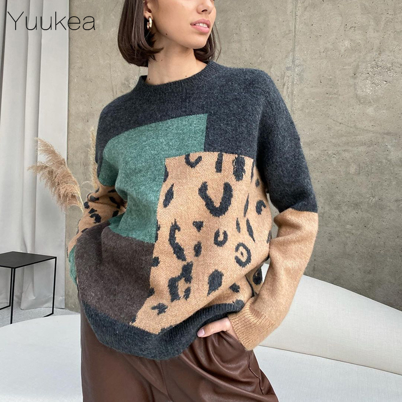 Yuukea Leopard Patchwork Cashmere Sweater Women Loose Casual O Neck Knitted Pullovers Female Spring Soft Vintage Base Jumper New, Green 
Yuukea Leopard Patchwork Cashmere Sweater Women Loose Casual O Neck Knitted Pullovers Female Spring Soft Vintage Base Jumper New, Green