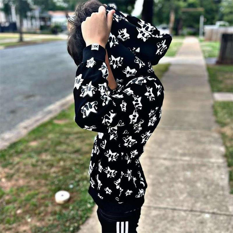 Fashion star print oversized hoodie men's autumn and winter 2022Y2K streetwear commuter loose zipper top couple models Y220818