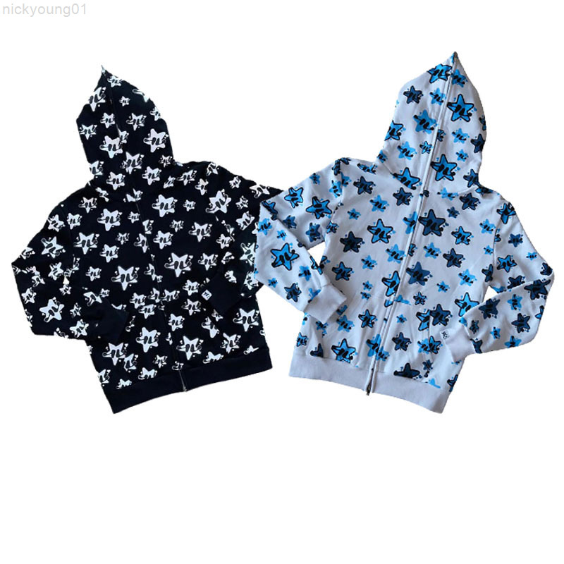 Fashion star print oversized hoodie men's autumn and winter 2022Y2K streetwear commuter loose zipper top couple models Y220818