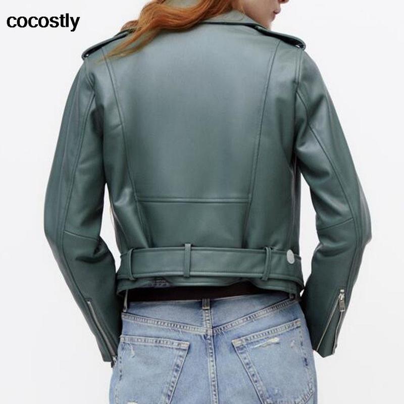 Spring Autumn Women Jacket Fashion Blue Black Faux Leather Female Casual Lapel Zipper With Belt Biker Coat 220818