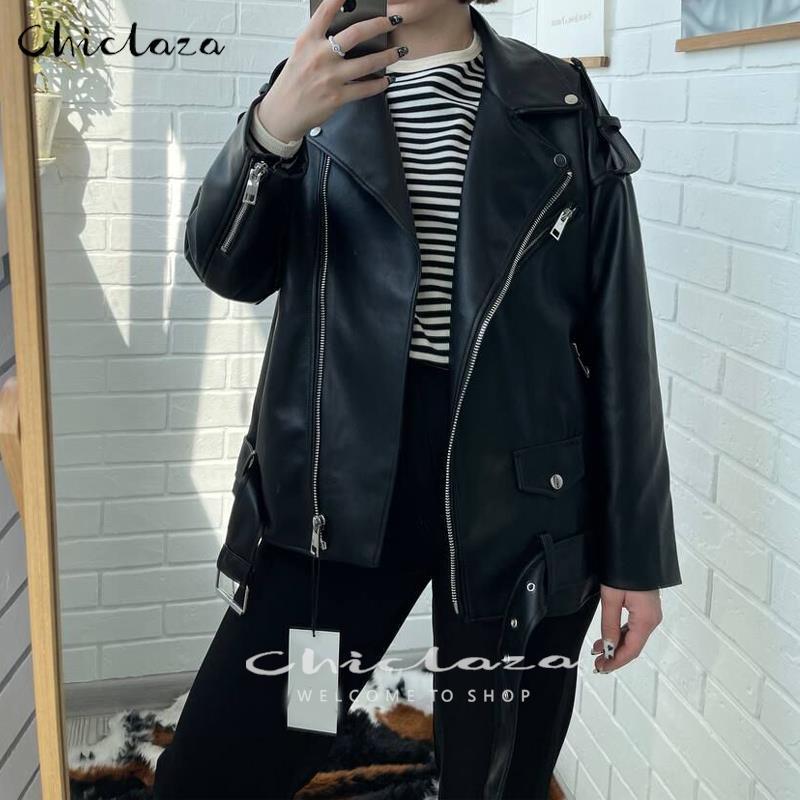 CHICLAZA Women Spring Fashion Black Faux Leather Jacket Ladies Casual Zipper Biker Coat Female Autumn Loose Couple Outwear 220818