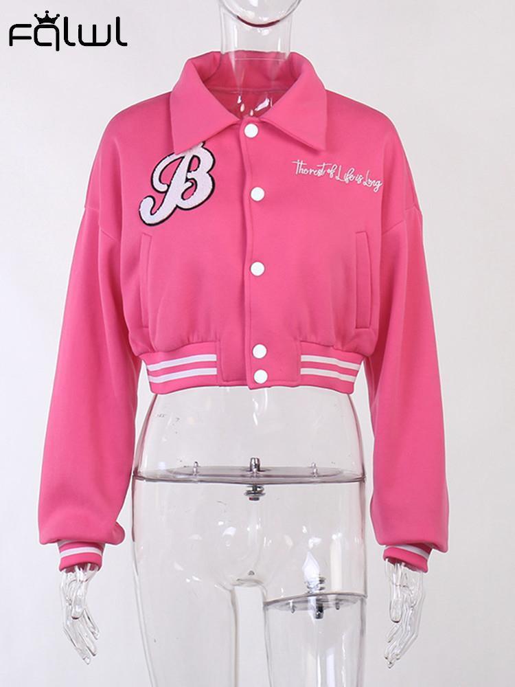 FQLWL Pink Baseball Fashion Fall Jackets For Women Pocket Button Purple Crop Top Coats Gray Varsity Bomber Jacket 220818