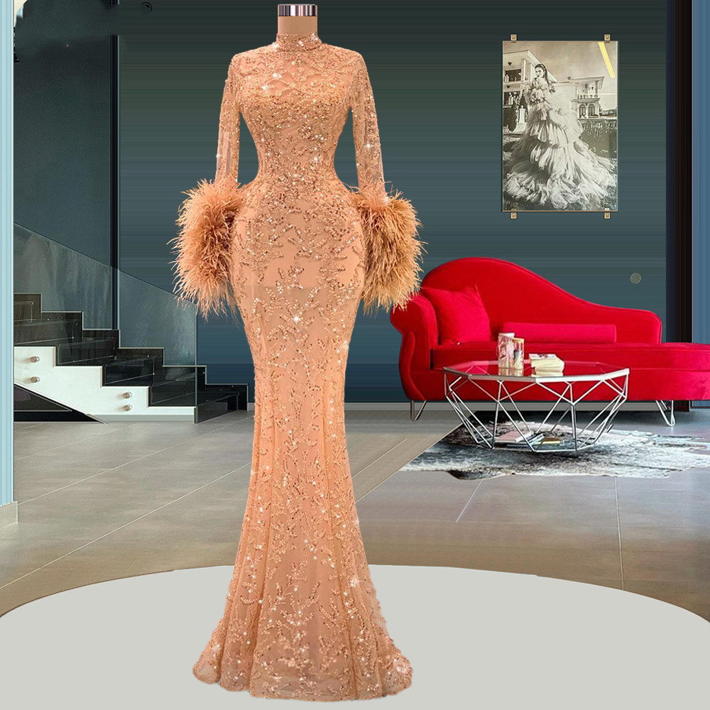 Champagne Mermaid Prom Dresses Long Sleeves High Neck Lace Hollow Feather Appliques Sequins Shiny Floor Length Evening Gowns Plus Size Custom Made Tai