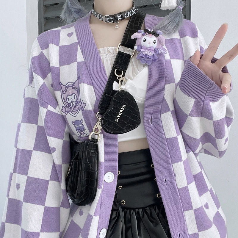 Deeptown Kawaii Plaid Cartoon Pink Sweater Cardigan Women Korean Style Harajuku Oversize Vneck Blue Jumper Female Cute Tops 220818
