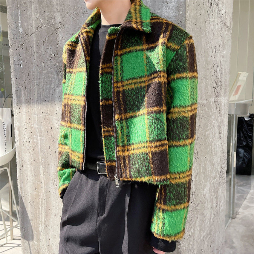 IEFB men's autumn winter Woolen Plaid short jacket vintage fashion Lapel zipped coat long sleeve colorblocked clothing
