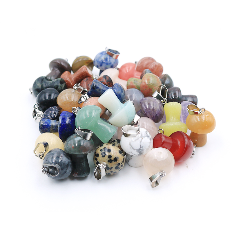 Natural Stone Carved 20mm Mushroom charms pink Quartz amethyst agate opal Crystal Tiger Eye Hand Pendant Charms For DIY Jewelry Making Necklace