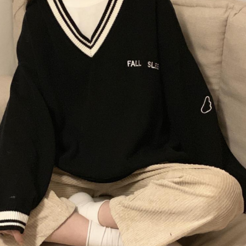 Sweaters Women Ulzzang Letter Chic Vintage V-neck Daily Oversize Girls Pullovers Student Fall Casual All-match Ins Women Sweater 220818