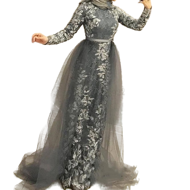 Elegant Muslim Evening Dresses With Detachable Train Lace Appliques Hijab Islamiac Arabic Dubai Formal Prom Gowns Kaftan Turkey Special Occasion Wear