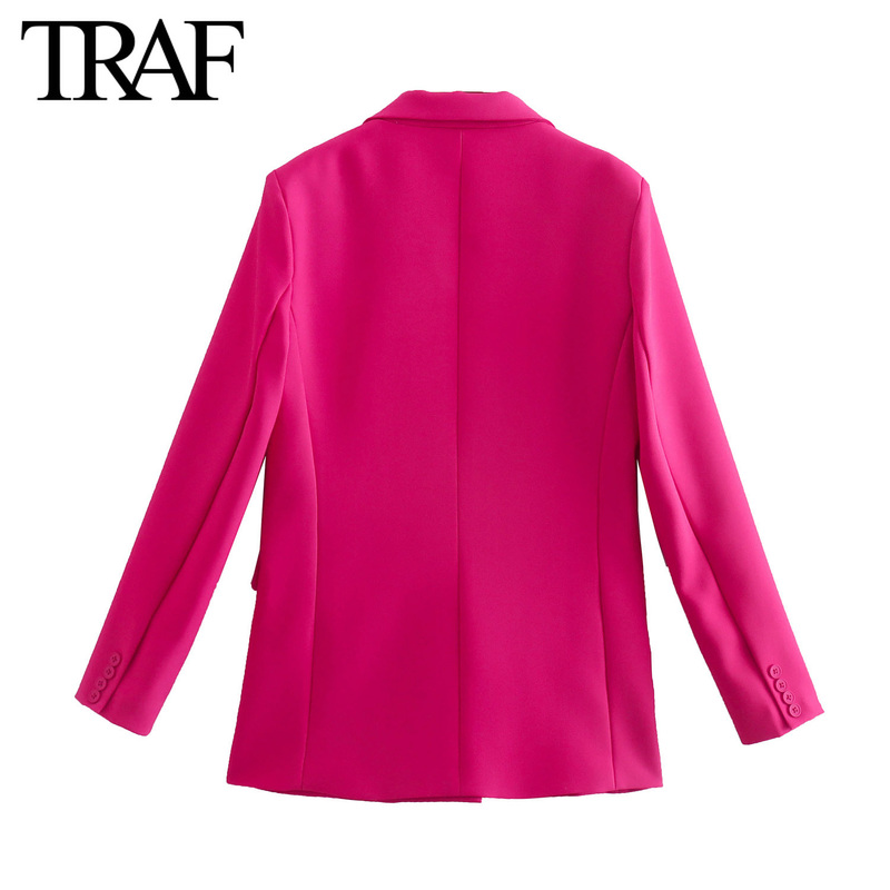 TRAF Women Clothing Spring Autumn Double Breasted Clamshell Pocket Pink Blazers Chic Office Ladies Jacket Coats 220818
