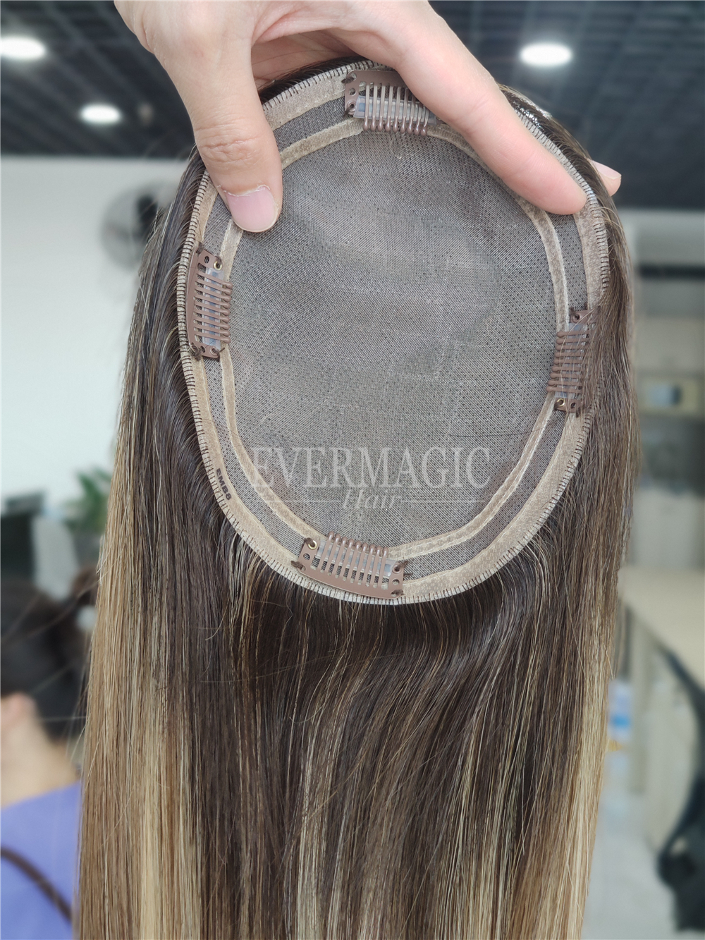 New Coming Stock Balayage Ombre Blonde Human Hair Toppers Mono With Around Base Clips In Pieces for Thinning Women