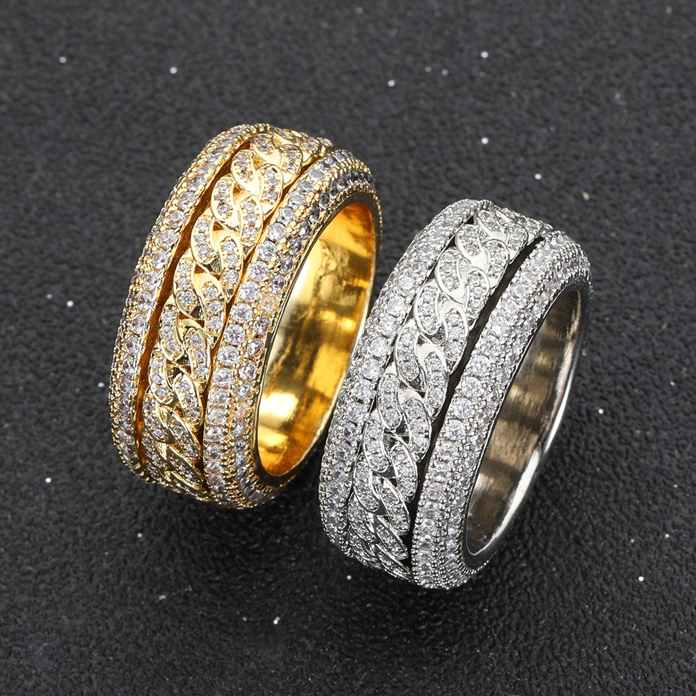 Bling Zircon Rotating Ring with Side Stones Rotatable Hip Hop Men's Cuban Circle Finger Jewelry