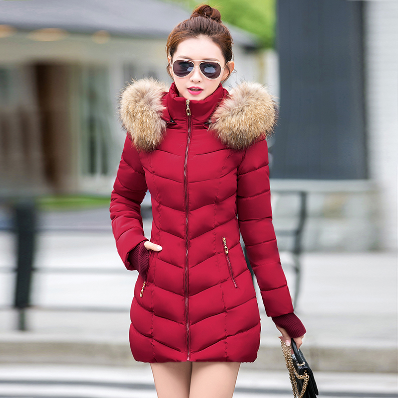 Long slim women parkas stylish overcoat down jacket female Detachable fur collar winter coat with zipper pockets 220818