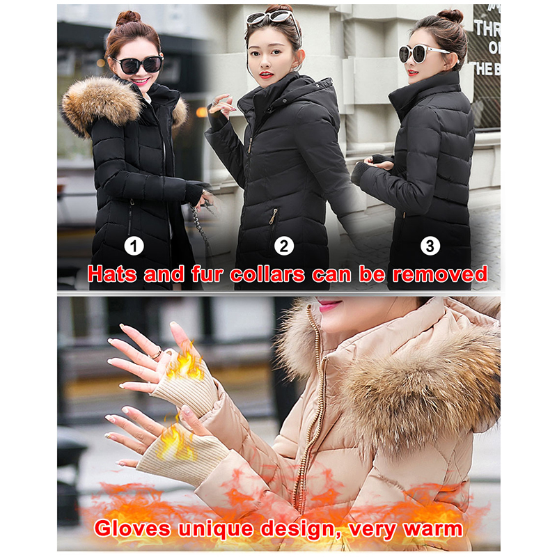 Long slim women parkas stylish overcoat down jacket female Detachable fur collar winter coat with zipper pockets 220818