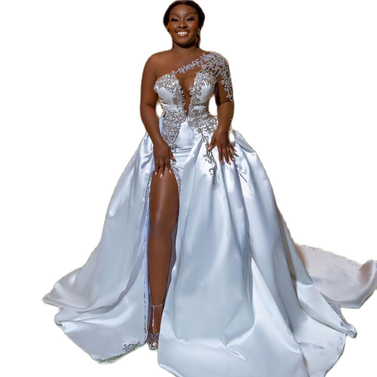 Luxury A Line Wedding Dresses Sequins Lace Applique Bridal Gowns High Split Custom Made Plus Size Sweep Floor Formal Dress