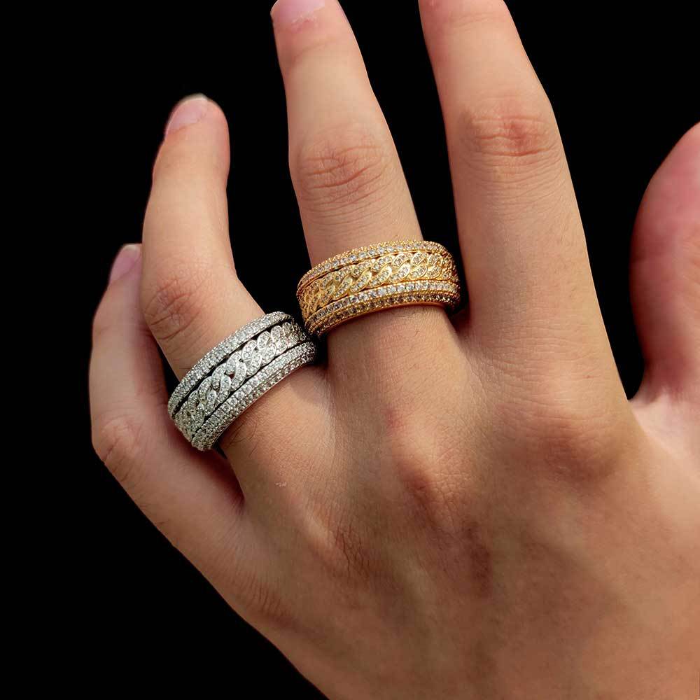 Bling Zircon Rotating Ring with Side Stones Rotatable Hip Hop Men's Cuban Circle Finger Jewelry