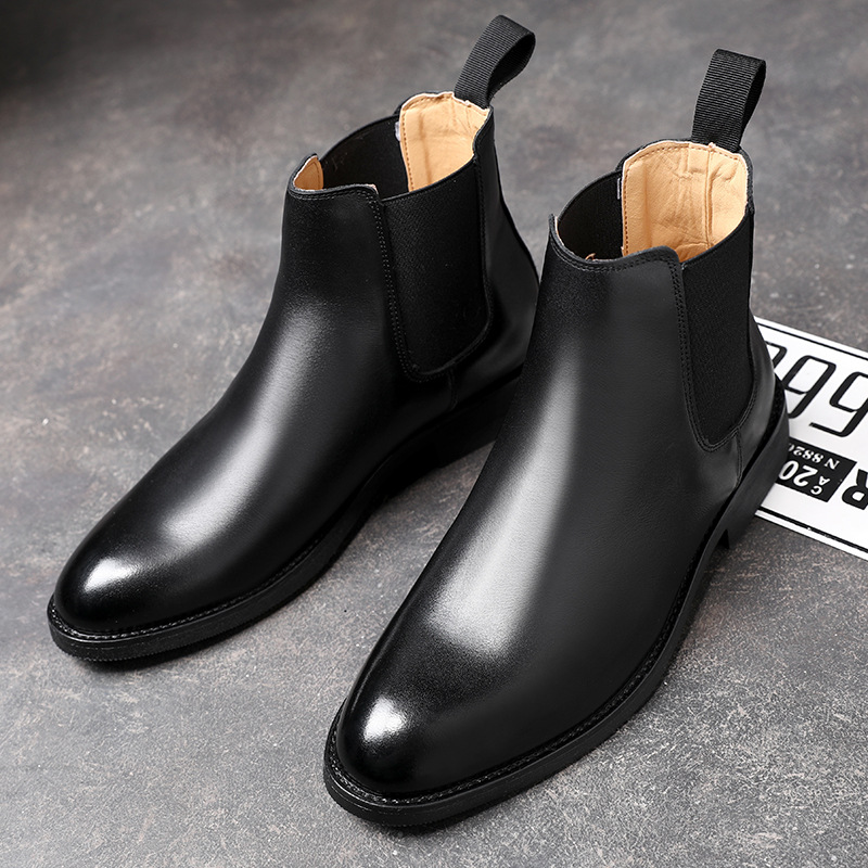 High end Chelsea boots men leather black square toe low heel classic slip on fashion business casual men shoes