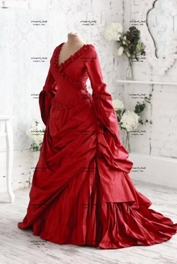 Red Victorian ballroom prom dress Mina's Dracula Bram Stoker Long sleeve Vampire gown silk gothic Carnival costume Evening gown