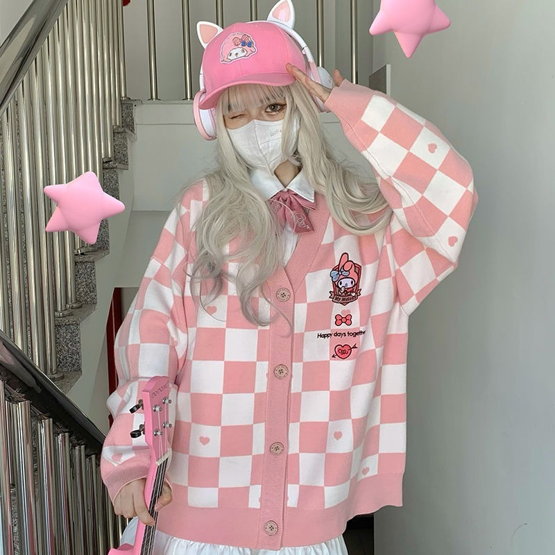 Deeptown Kawaii Plaid Cartoon Pink Sweater Cardigan Women Korean Style Harajuku Oversize Vneck Blue Jumper Female Cute Tops 220818
