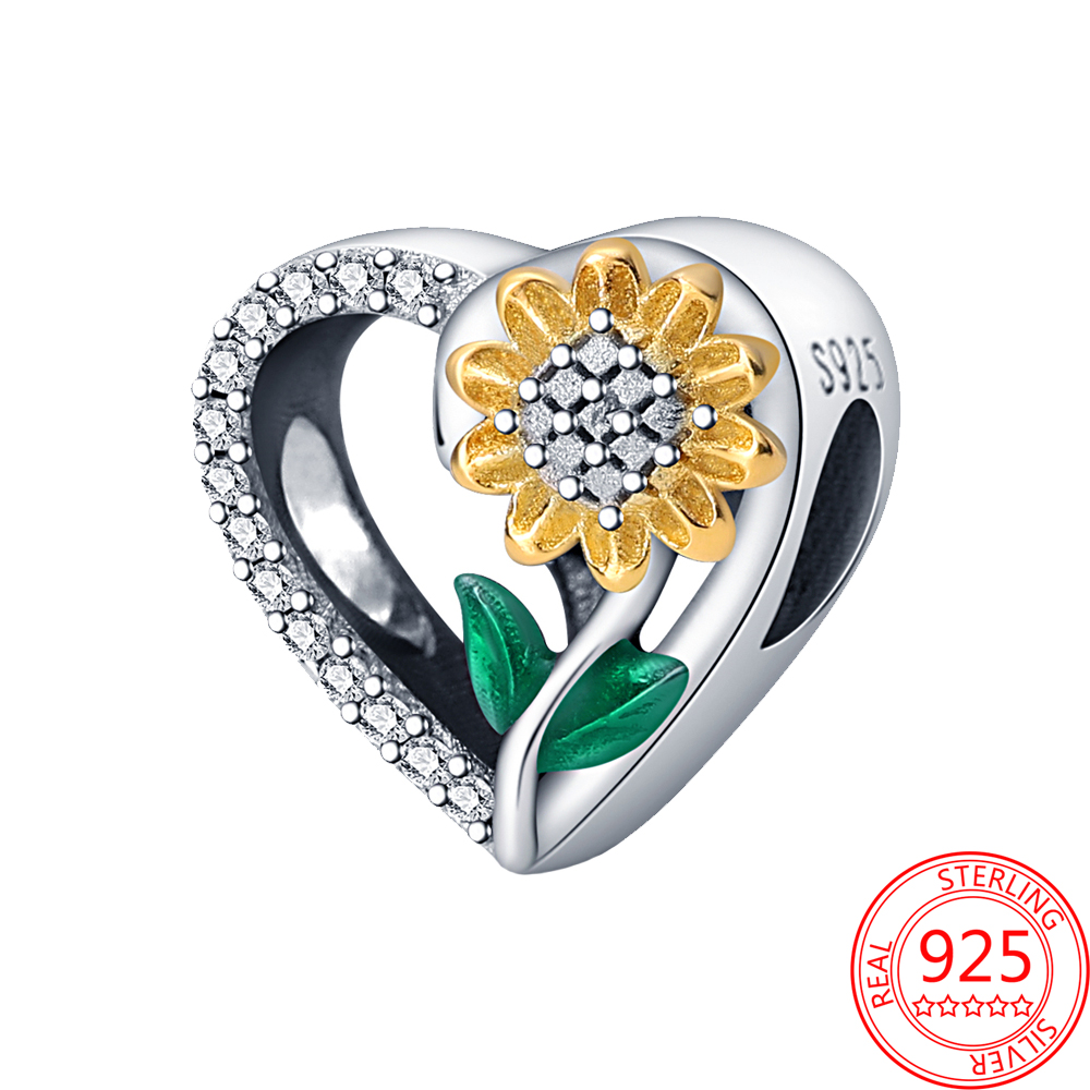 The New Popular Romance 925 Sterling Silver SuoFlower Charm Love Ring Pendant With Gold Beads Is Suitable For Bracelet DIY Jewelry Making