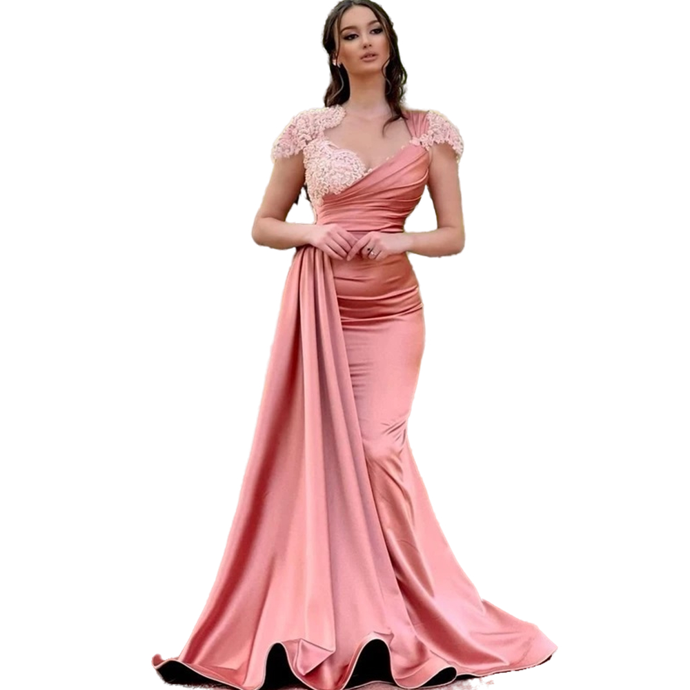 Elegant Arabic Dubai Pink Mermaid Evening Dresses Sheer Crew Neck Cape Short Sleeve Lace Applique Long Satin Prom Party Gowns Special Occasion Dress