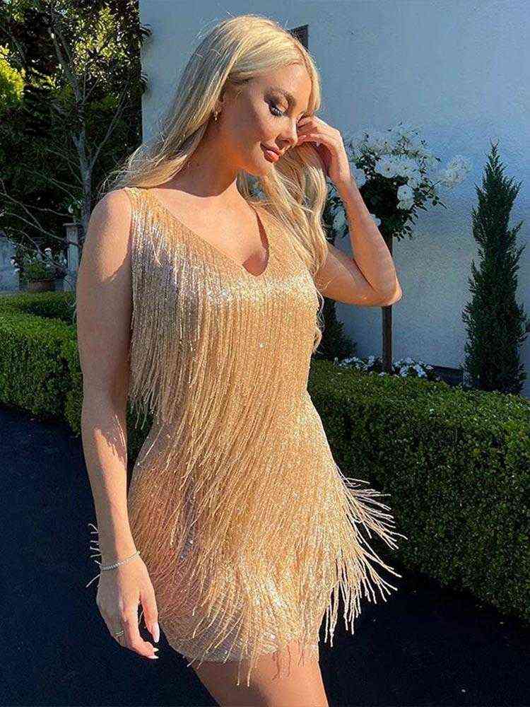 Women Sexy Fringed Sequin Dress 2022 Summer Slim Deep V-Neck Off Shoulder Dresses Female Elegant Backless Slip Mini Robe T220819