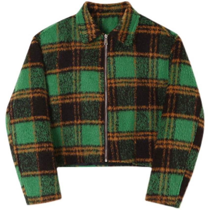 IEFB men's autumn winter Woolen Plaid short jacket vintage fashion Lapel zipped coat long sleeve colorblocked clothing