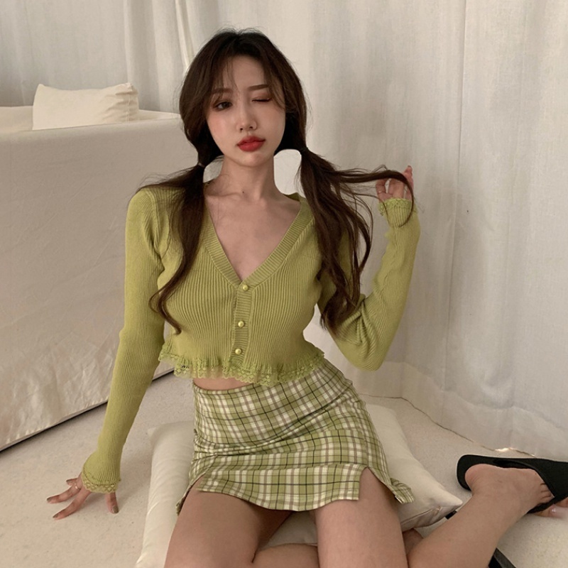 Pink Black Green Black Women Cardigans Fashion Slim Ladies Knitted Sweater Crop Top Long Sleeve Buttons Sweater 220818