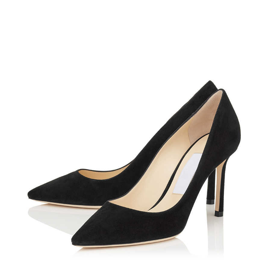 Sandales de luxe Jimmy Pumps London Choo Romy 85 mm Slim Lady Black Toes pointues Calfskin Italie Designer Casual Comfort Comfort Party