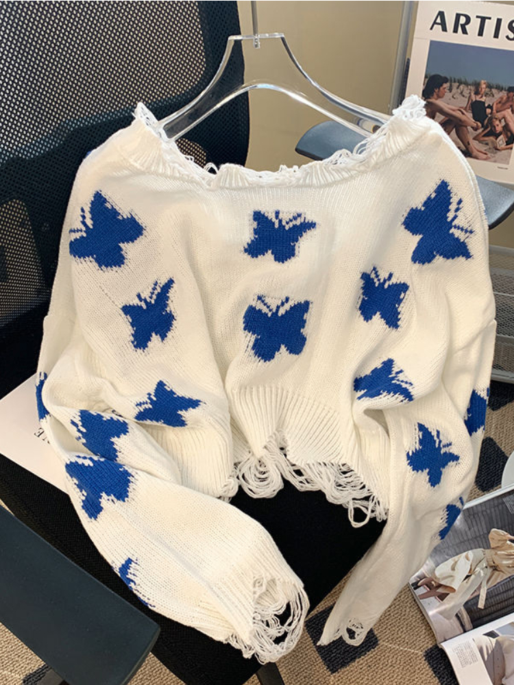 Deeptown Korean Fashion Graphic Knitted Sweater Woman Harajuku Sweet Oversized Cropped Tops Off Shoulder Casual Loose Jumper Y2K 220818