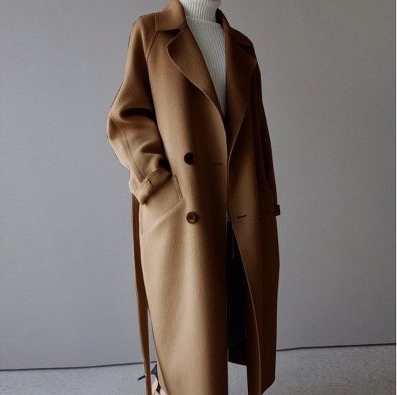 Winter Women s Beige Elegant Wool Blended Solid Color Korean Long Coat Retro Fashion Black Simple Camel Oversized 220818