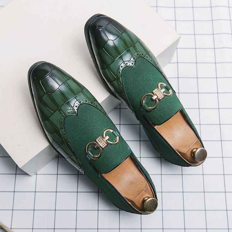 Men Elegant Loafers Solid Color Cracked Lattice PU Stitching Faux Suede Metal Fashion Business Casual Wedding Daily Dress Shoes