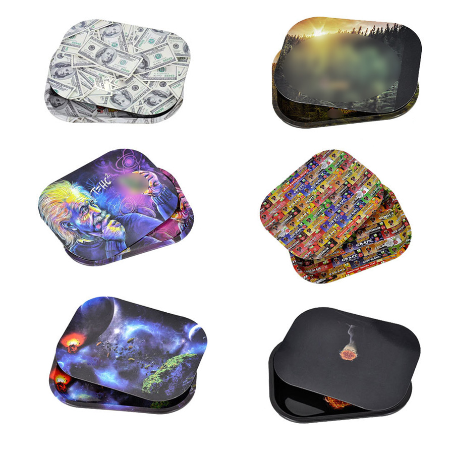 Factory wholesale Rolling Tray for girls smoking 18&14cm 28.5&18.8cm Cartoon Tobacco Storage Plates Multi Color Metal Rolling Tray With Magnetic Lid