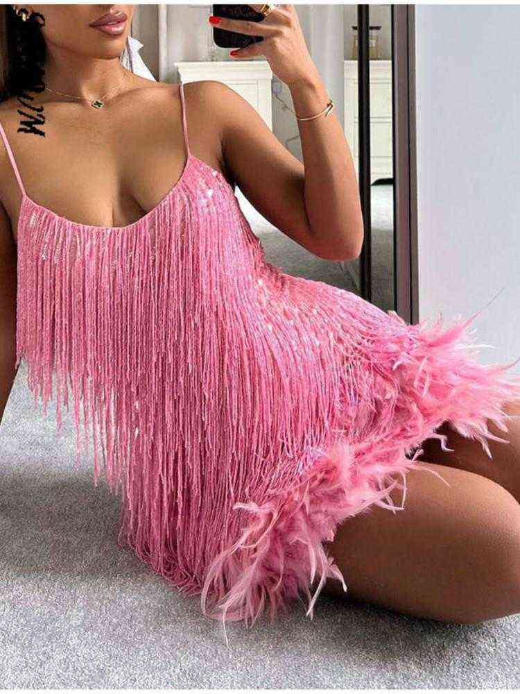 Sexy Women's Fringed Sequin Feather Stitching Dress 2022 Summer Slim V-Neck Off Shoulder Dresses Female Backless Slip Mini Robe T220816