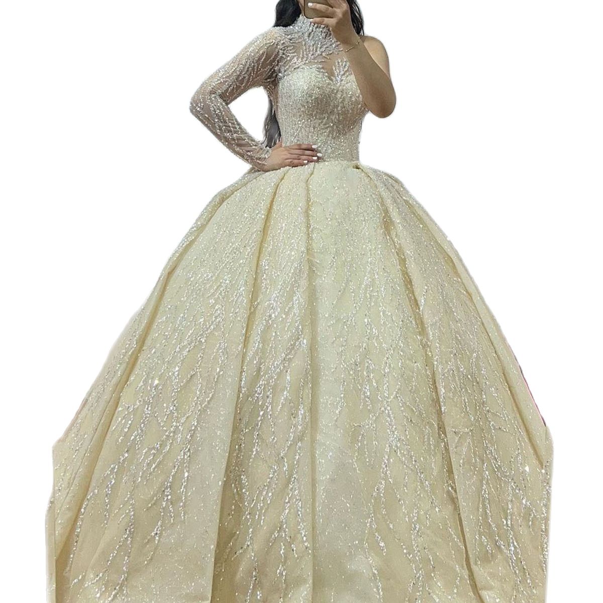 Luxurious Ball Gown Sequins Wedding Dress High Neck One Shoulder Sweep Train Custom Made Bridal Robes Vestido De Novia