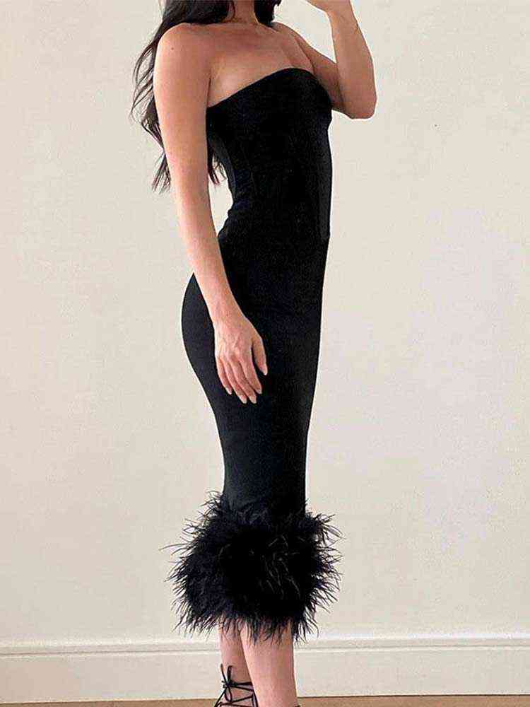 Woman Sleeveless Feather Tube Top Dress Solid Tight Sexy Fashion Elegant Wrap Dress Women 2022 Summer Party Club Midi Robe T220816